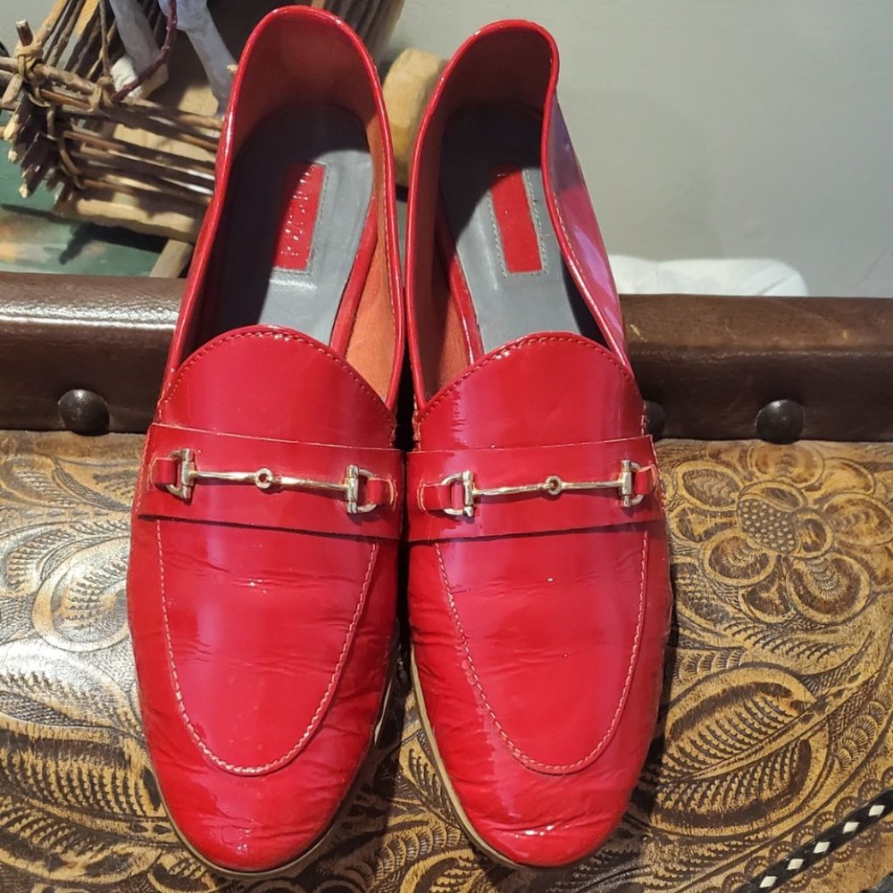red patent leather loafers